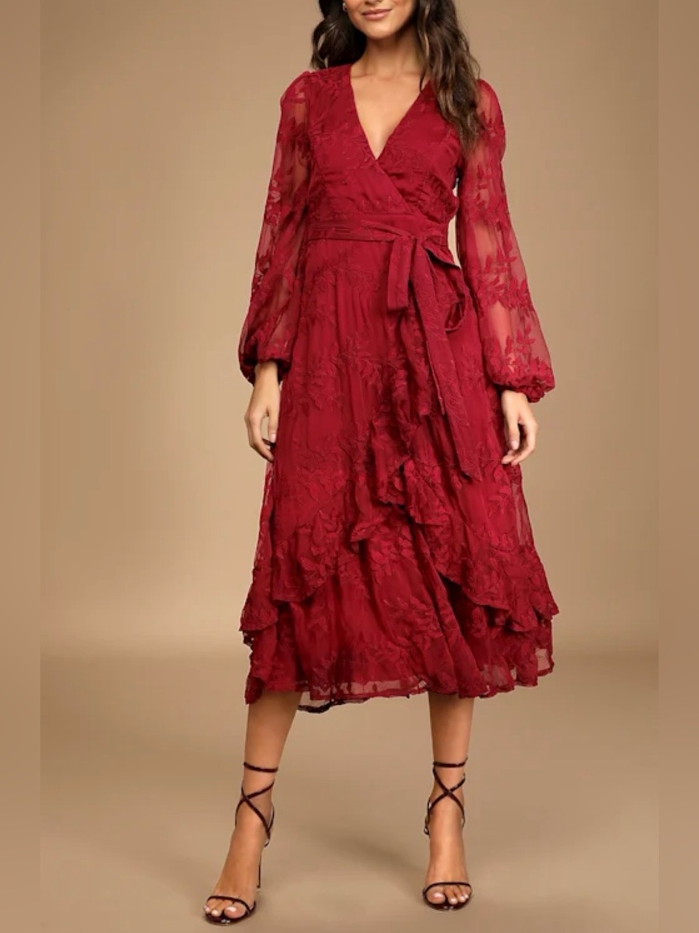 Lulus Spectacular Feeling Burgundy Embroidered Faux Wrap Midi Dress S